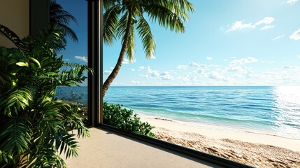 Fototapeta premium Tranquil Beach View from Modern Coastal Home Window with Palm Trees