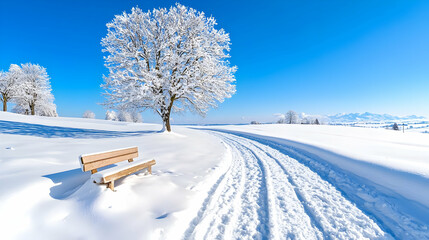 Snowy path, winter bench, frosted tree, mountain view, winter landscape