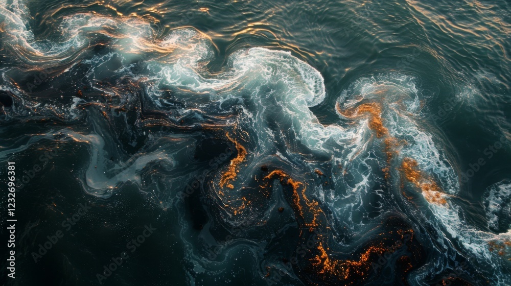 Poster turquoise and dark blue water displays swirling patterns as light reflects off its surface, creating