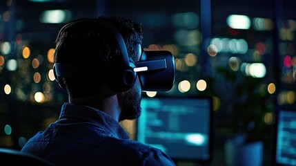 Person Using Virtual Reality Headset in Modern Urban Environment