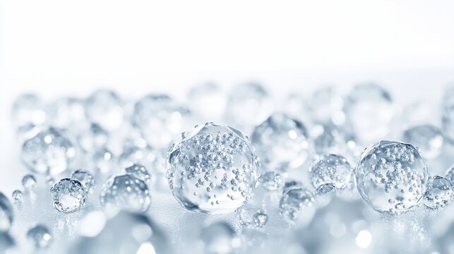Sparkling hydrogel beads on white background, studio shot, bokeh, beauty product