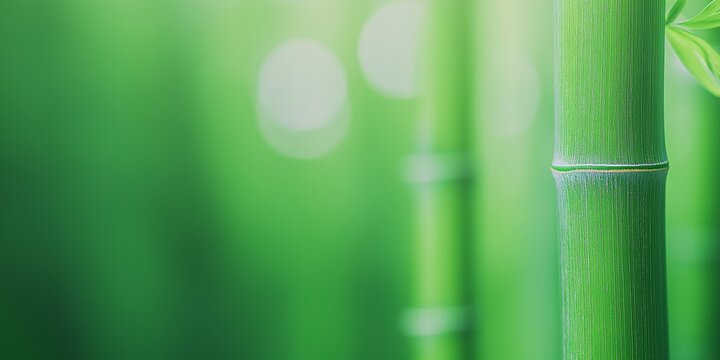 Green bamboo stalks and leaves on bokeh background. Zen and wellness concept. Image for spa and meditation content with copy space.