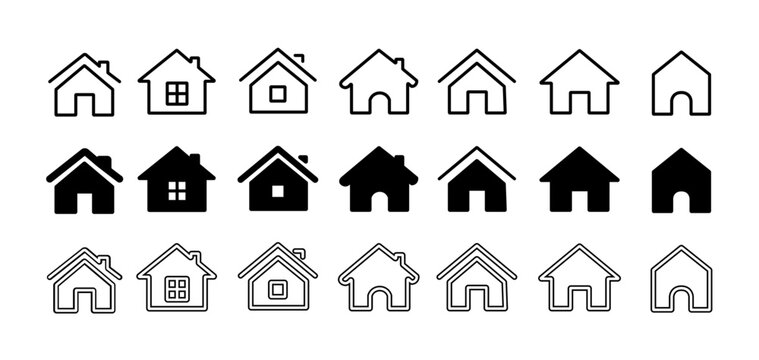 Collection home icons. House symbol. Set of real estate objects and houses black icons isolated on white background.