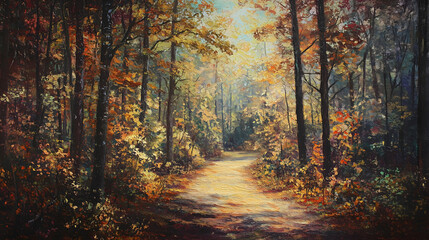 Obraz premium Serene Forest Path Lined With Colorful Trees in Autumn's Gentle Embrace. Generative AI