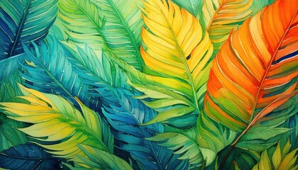 A colorful watercolor painting featuring lush tropical leaves in shades of green, blue, yellow, and orange, creating a vibrant jungle-inspired artwork.