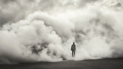 Fototapeta premium Solitary Figure Amidst a Sea of Fog: A Monochromatic Landscape