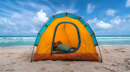 Beach camping tent, ocean view, sunny day, relaxation