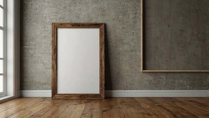 Blank frame on floor mockup blank poster. Wooden frame mock up