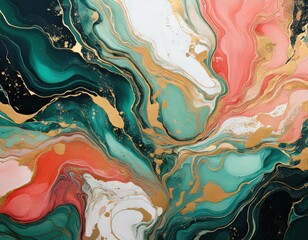 A mesmerizing abstract fluid painting with swirling emerald green, deep red, white, and gold hues, forming an opulent marble-like texture.