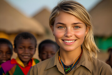 A blonde female volunteer in a khaki polo shirt supports African children through educational and humanitarian efforts in a rural area.