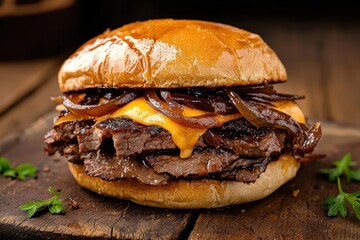 Juicy beef brisket sandwich with melted cheese and caramelized onions a rich and indulgent culinary delight captured in photography.