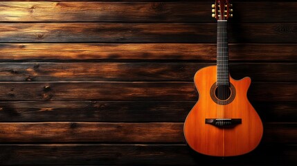 Obraz premium Acoustic guitar, wooden wall, music, background, design