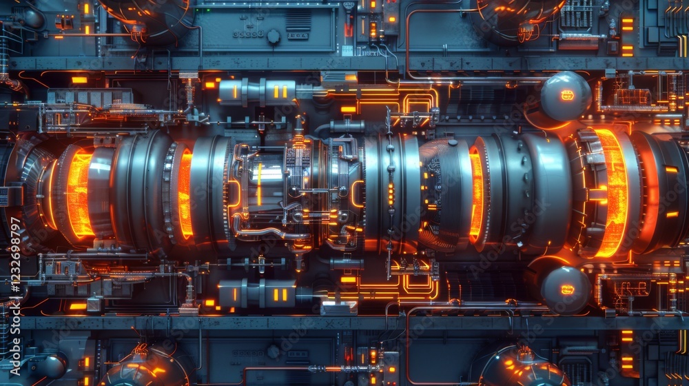 Poster complex design features bright orange lights and interconnected pipes within a modern industrial env