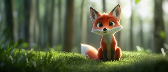 cute cartoon fox sitting in a sunlit forest