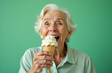 Old senior charming lady in pastel color clothes eat an ice cream on cone. Funny melting scene with food an older aged woman. The background is mint green, copy space