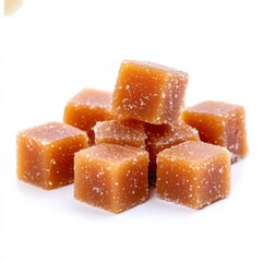 pile of sweet brown sugar cube candies on a white background