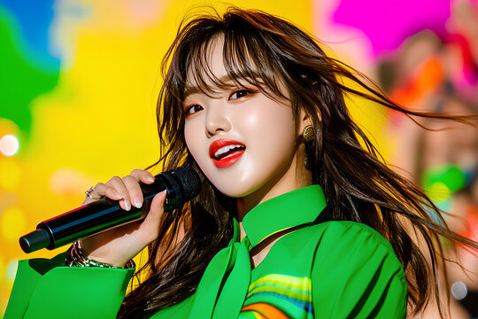 A young Asian female performer sings her heart out on stage, wearing an elegant green outfit.