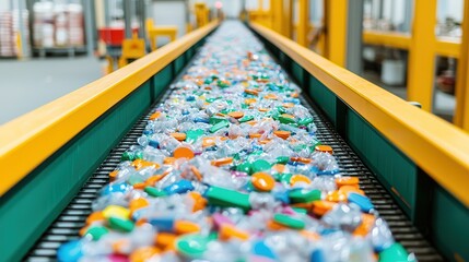 Predictive analytics optimizes supply chain management. Conveyor belt with colorful plastic waste in a recycling facility.