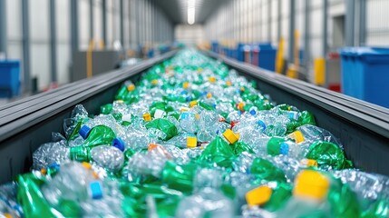Predictive analytics optimizes supply chain management. Conveyer belt filled with recycled plastic bottles in a facility.