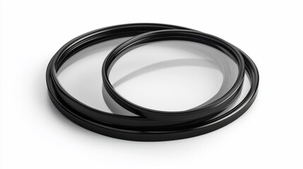 Naklejka premium Black camera lens filters overlapping on white background, studio shot, product photography