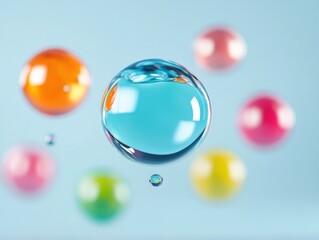 colorful translucent bubbles floating on a light blue background
