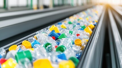 Predictive analytics optimizes supply chain management. Conveyor belt with colorful plastic bottles for recycling process.