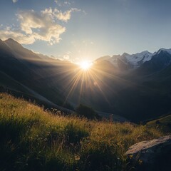 Obraz premium Majestic Aerial View of Sunlit Mountain Landscape Offering Tranquility and Beauty in Nature's Embrace