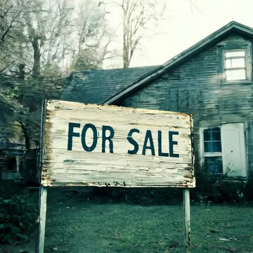 Weathered for sale sign suggests an abandoned property seeking a new owner, evoking themes of real estate.