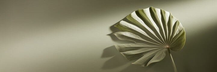 A banner with one elegant leaf casting delicate shadows. The leaf is set against a sage-colored background with a soft gradient. A banner with space for the text.