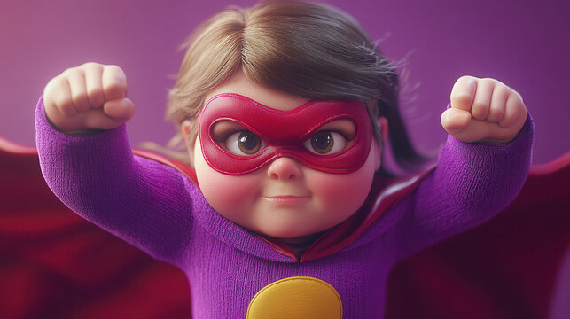A little girl in a violet superhero costume with a red mask strikes a triumphant pose against a bright purple background