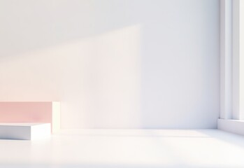 Minimalist geometric object in soft pastel tones, casting a shadow against a bright white background, creating a modern and abstract aesthetic
