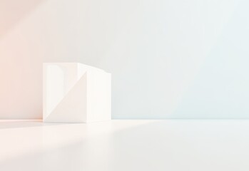 Minimalist geometric object in soft pastel tones, casting a shadow against a bright white background, creating a modern and abstract aesthetic
