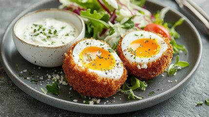 Delicious Scottish-style soft-boiled eggs with a crispy coating, served with ranch dressing and a fresh side salad at a dining table