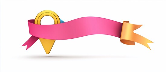 Pink ribbon banner location map pin, white background