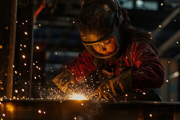 Close-up of a female welder working at a construction site. Sparks flying, protective gear, welding mask, skilled worker, industrial job, labor, metalwork, craftsmanship, strong woman.