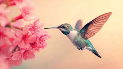 A vibrant hummingbird hovers near pink blossoms, showcasing its iridescent feathers against a soft, pastel background.