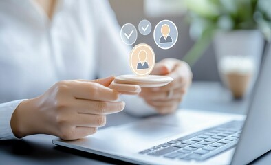 A person interacts with a digital interface, showcasing user profiles and verification icons while sitting at a desk with a laptop.