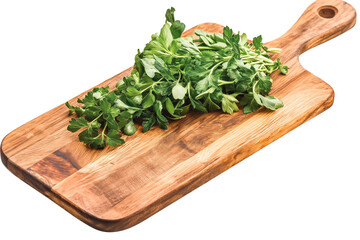 A wooden cutting board with fresh herbs on a transparent background.