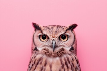 Naklejka premium A striking owl with large, expressive eyes against a vibrant pink background.