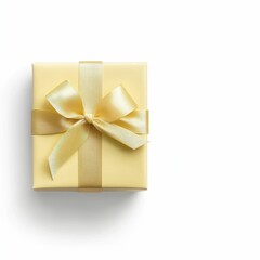 A small, yellow gift box with a shiny golden ribbon and bow, presented on a clean, white background.