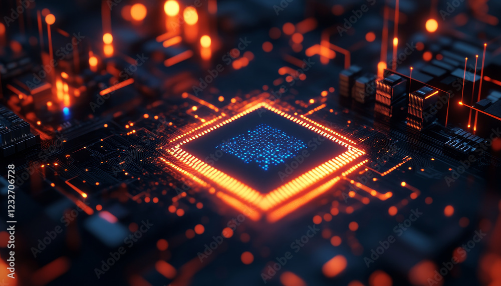 Poster abstract circuit board with glowing elements and empty center