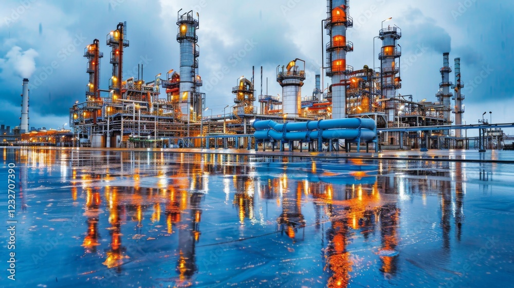 Poster at twilight, an industrial facility displays its towering structures and pipes, illuminated against 