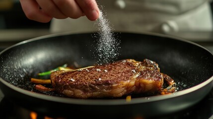 Cooking a juicy steak with seasoning home kitchen culinary process indoor close-up flavor enhancement