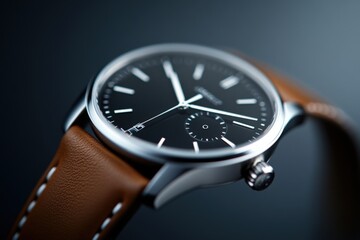close-up of a classic men's wristwatch with a black dial and brown leather strap