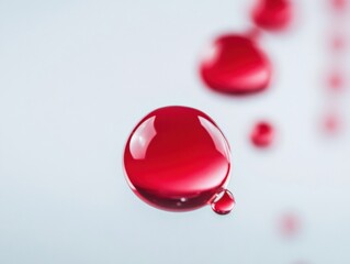 close up of red liquid droplets on a light background