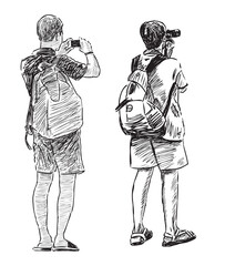 Sketches of two young men with backpacks photographing on smartphone and camera, back view, vector realistic hand drawing