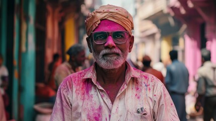 Fototapeta premium Portrait of Elderly Man Covered in Pink Holi Powder in India