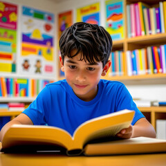 Un ni&ntilde;o leyendo un libro de azul.Un ni&ntilde;o que est&aacute; leyendo un libro alegremente.