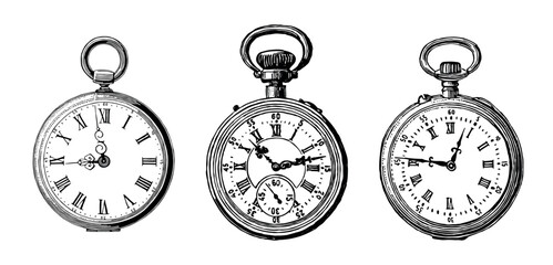 Hand drawn vintage pocket watch, vector illustration isolated on white