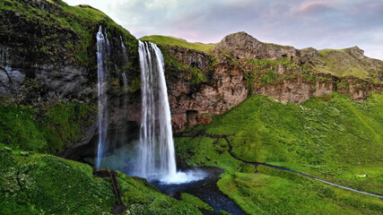 Waterfall in Iceland beautiful landscape view from above